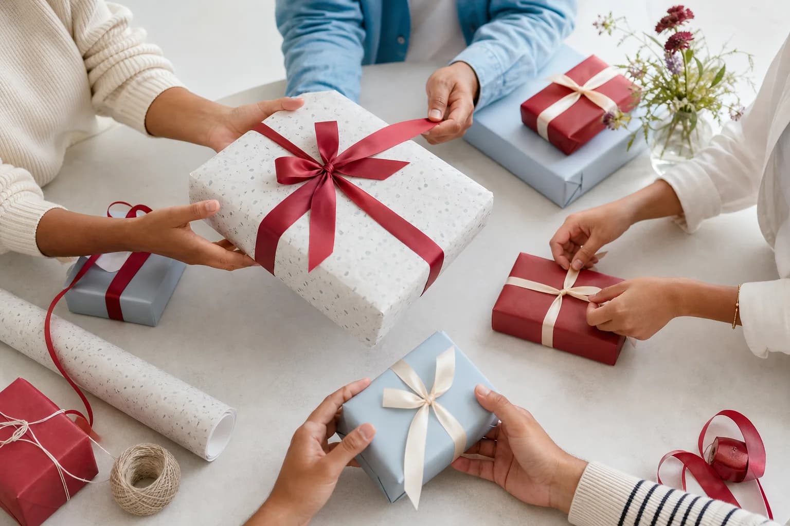 A family sharing a present, product artwork from Upominkly